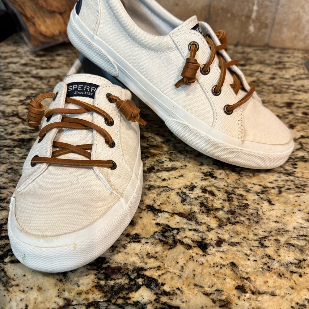 Sperry White Canvas Shoes with Tan Laces